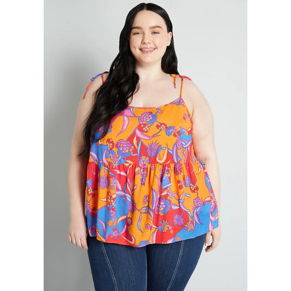 ModCloth Bohemia Bound Peplum Tank Top Orange Bali Floral Women's S NWT - Picture 2 of 5